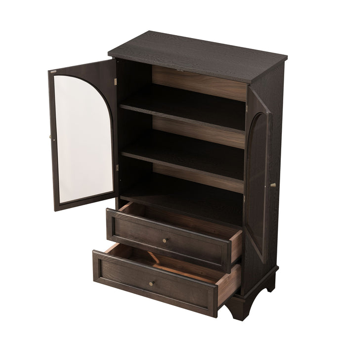 Glass Door Display Case With 2 Drawers And Adjustable Shelf