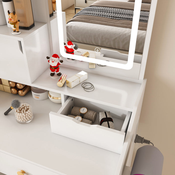 3 Color LED Vanity Mirror With Stool, Dressing Table For Bedroom, 2 Drawers & 5 Storage Cabinets (4 Open + 1 Hidden), Adjustable Lighting - White
