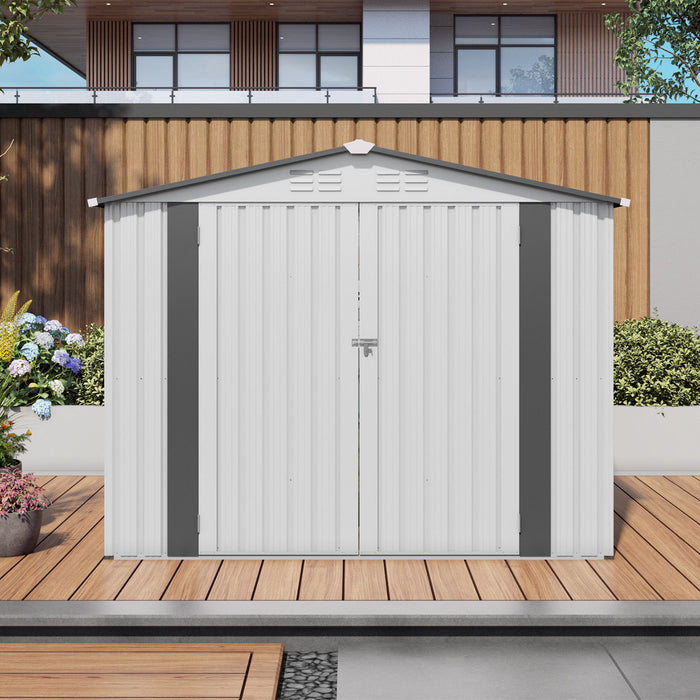 Outdoor Garden Storage Shed, Tool Shed With Pitched Roof Waterproof With 1 Window And 2 Lockable Door - White / Gray