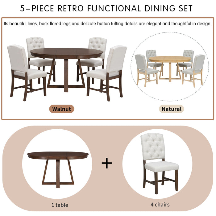 Dining Set With Leaf Round Table And 4 Upholstered Chairs