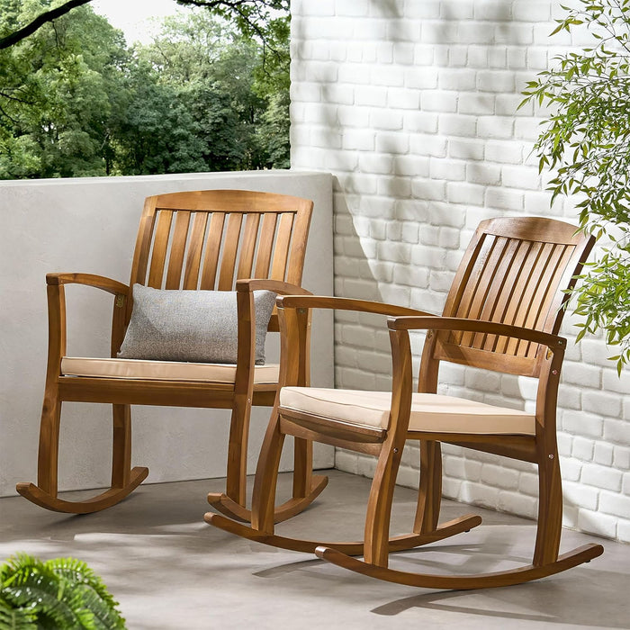 Acacia Wood Outdoor Patio Rocking Chair With Cushion (Set of 2) - Natural / Cream