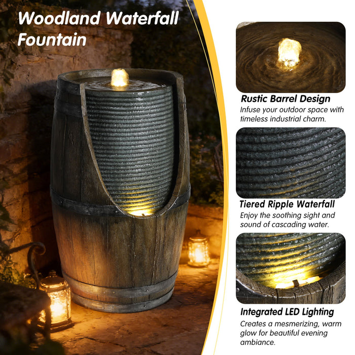 Rustic Barrel Water Fountain With LED Light