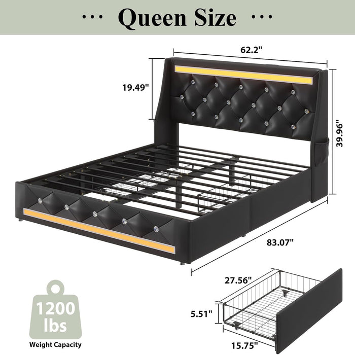 Wingback Upholstered Bed Frame With LED Lights, Charging Station