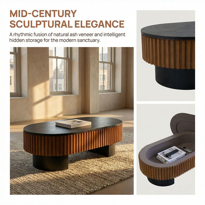Elliptical Living Room Coffee Table With Hidden Storage And Removable Tabletop