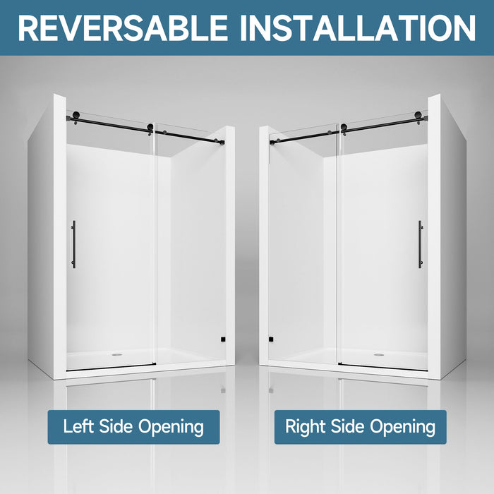 Frameless Single Sliding Soft Close Shower Door, 5 / 16" Clear Nano Coated Tempered Glass And 304 Stainless Steel Handle - Matte Black