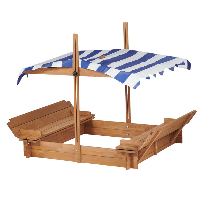 Kids Sandbox With Adjustable Cover, Sand Box With 2 Foldable Bench Seats, Outdoor Sandpit For Backyard Play - Light Brown