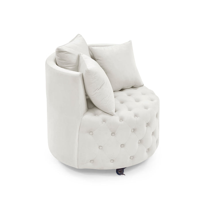 Modern Upholstered Swivel Chair With Button Tufted Design And Movable Wheels