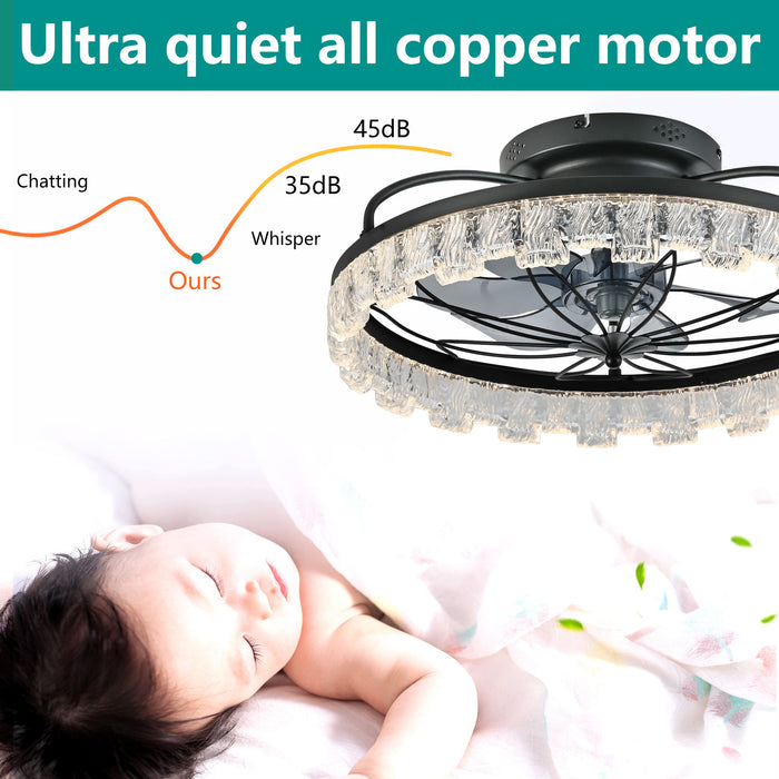 Ceiling Fan With Light, Flower Caged Ceiling Fan With Remote, LED Low Profile Ceiling Light - Matte Black