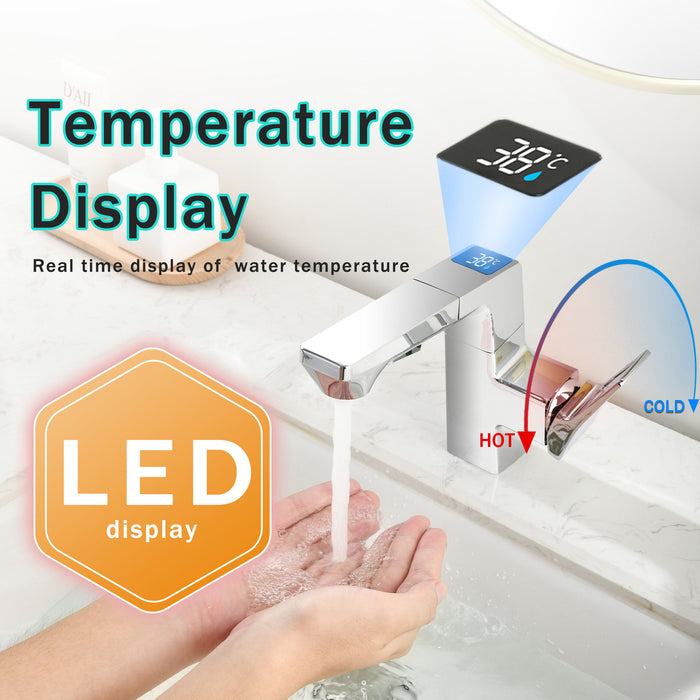 Modern Smart LED Bathroom Faucet With Temperature Digital Display And Pull Down Sprayer