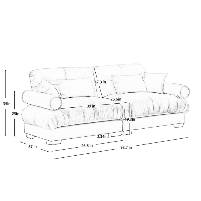 Modern Velvet Sofa With Bolstered Armrests And Pillows