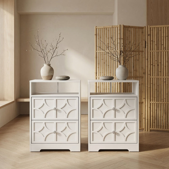 Nightstand With Diamond Carvings Handles, 2 Drawers & Charging Station