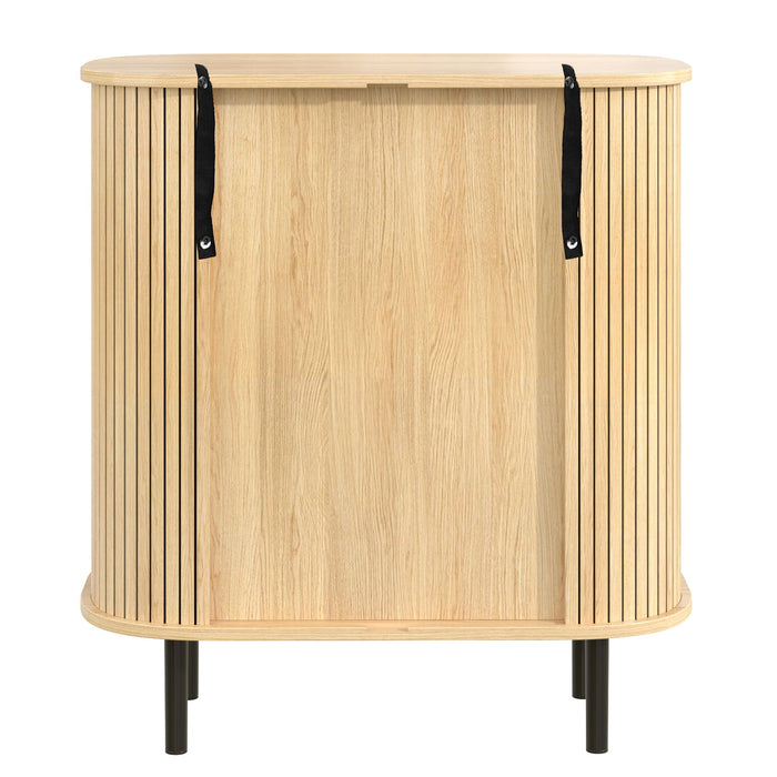 Fluted Wine Bar Cabinet With 8 Grid Wine Rack, 5 Level Adjustable Shelves, 2 Glass Holders