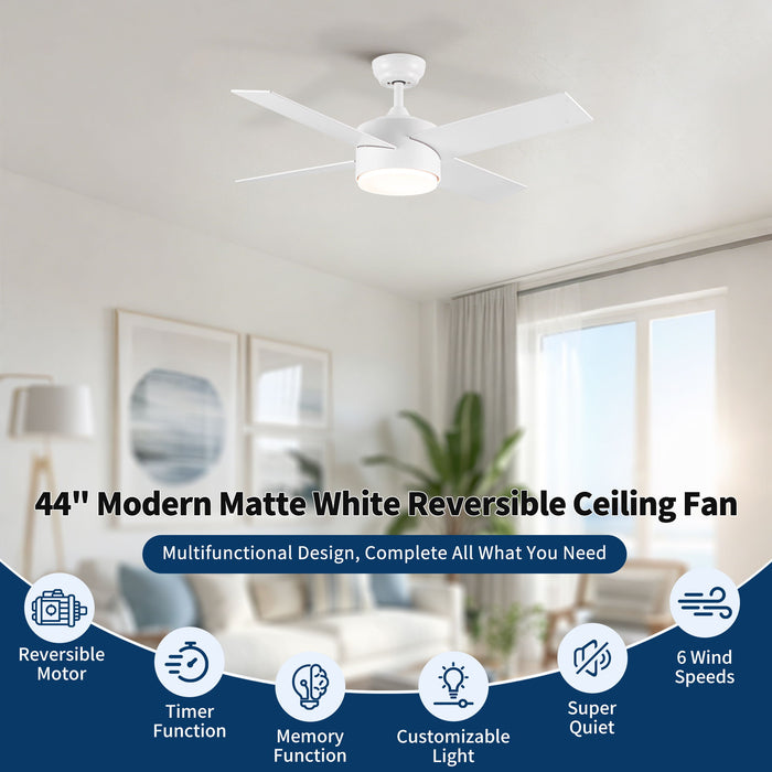Ceiling Fan With Remote Control, Reversible DC Motor, 6 Speeds, 3 Dimmable LED, Quiet Timer For Indoor - White