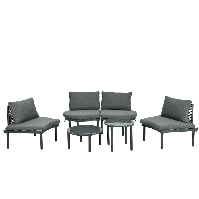 6 Piece Patio Set, Half Moon Outdoor Sectional Sofa With 2 High Low Coffee Tables, 4 Pillows & Cushions