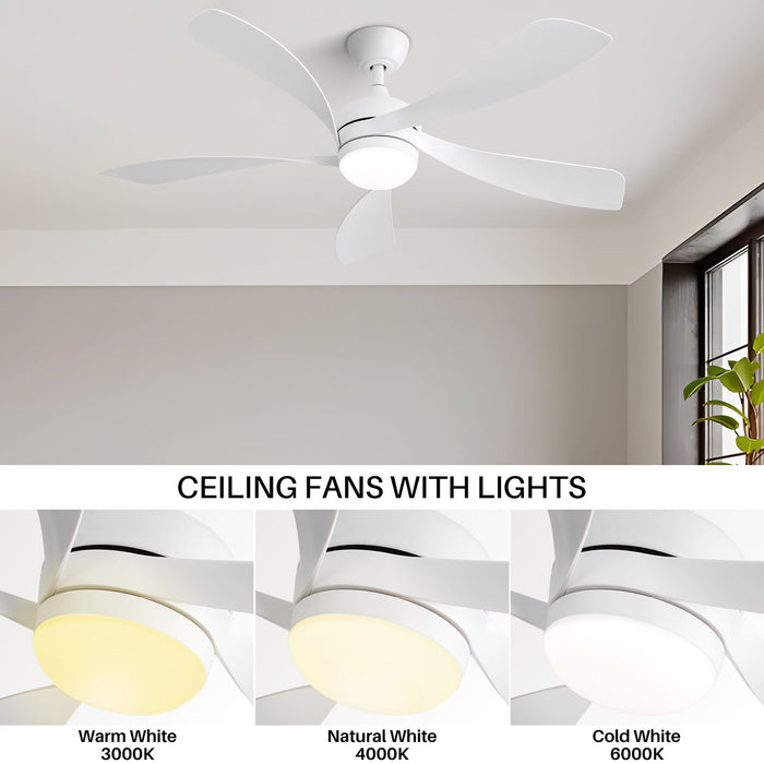 52" Ceiling Fan With 3 Color Dimmable LED Light, 5 Blades, Remote Control, Reversible DC Motor