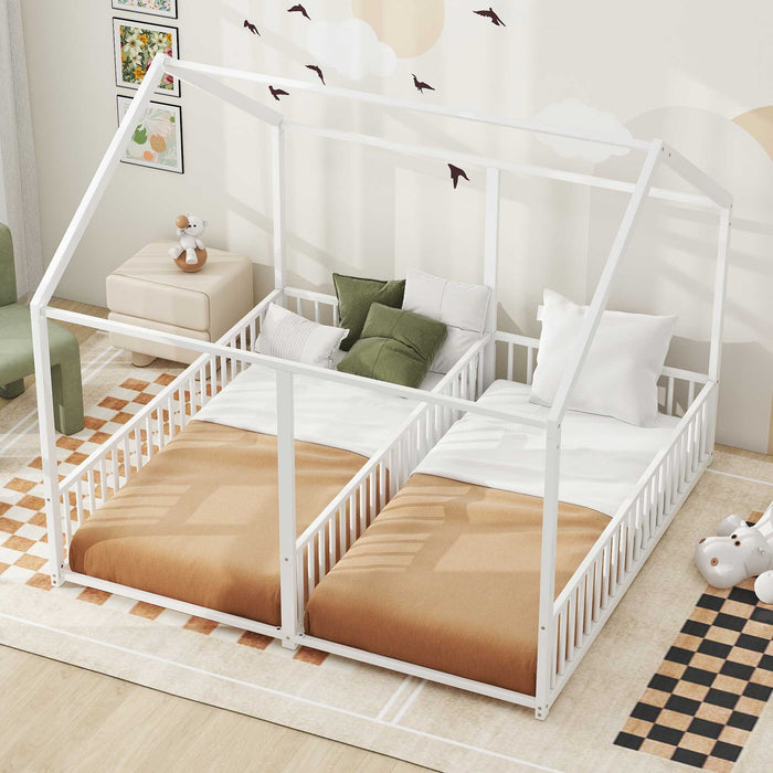Metal Twin Size House Platform Beds 2 Shared Beds - Antique White
