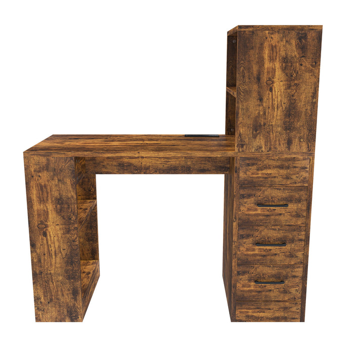 Computer Desk With 4 In 1 Socket & 3 Drawers, 4 Tier Shelves