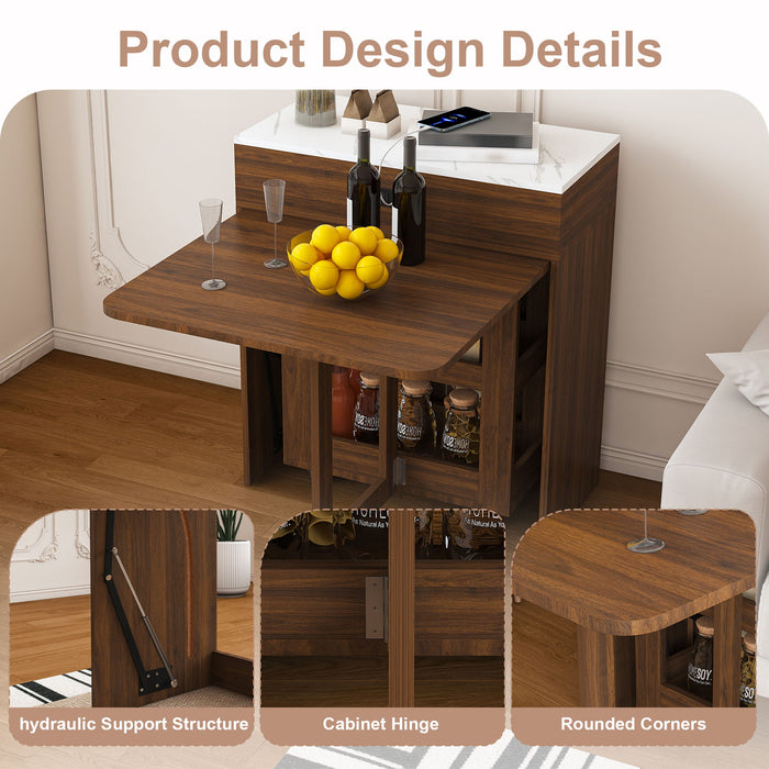 Extendable Dining Table With Power Socket, Lockable Casters, Storage Cabinet, Pull Out Kitchen Island - Natural Walnut