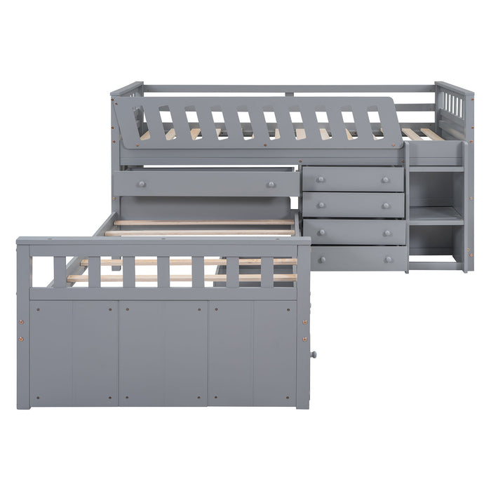 Loft Platform Bed With 7 Drawers And Full Guardrails, Modern L Shaped Space Savin