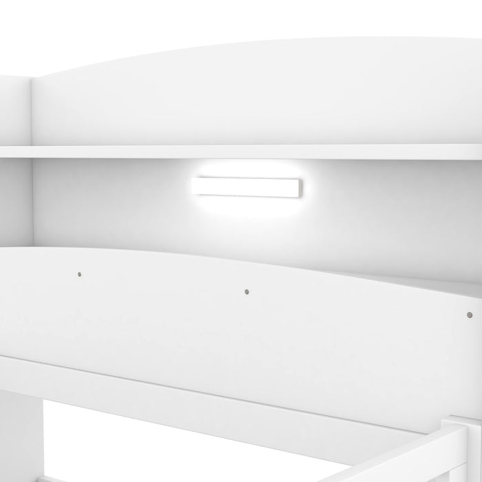 Wood Platform Bed With Built In LED Light, Storage Headboard And Guardrail