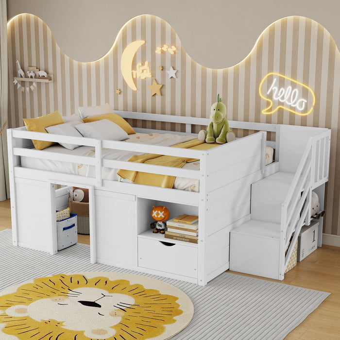 Low Loft Bed Frame With Built In Stairs, Storage Drawer, Shelf And 7 Color LED Light