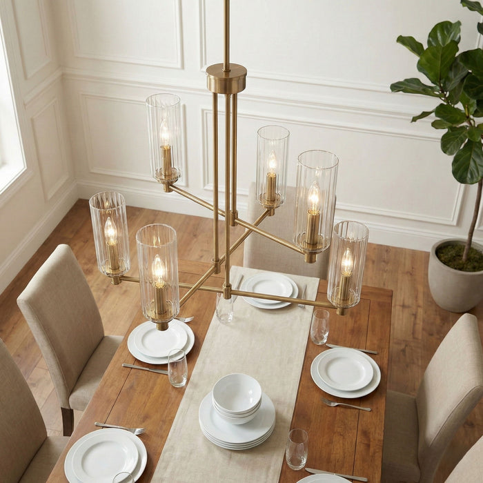 Timeless - 6 Lights Chandelier With Clear Ribbed Satin - Antique Brass / Clear / Gold