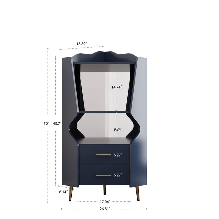 Corner Bar Cabinet With Mirrored Back, 2 Open Shelves & 2 Drawers, High Legs For Easy Cleaning