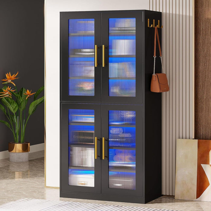 Bookcase With Doors And LED Lighting, 8 Adjustable Shelves Storage Cabinet