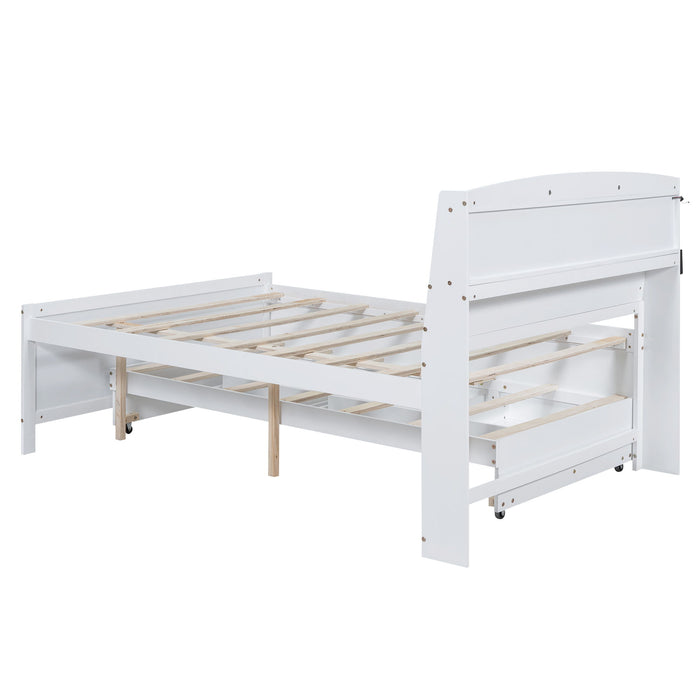 Full Size Platform Bed With Storage LED Headboard, Twin Trundle And 3 Drawers - White