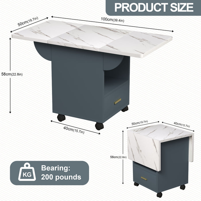 Versatile Wood Folding Dining Table With Wheels, Storage Rack & Drawer, Space Saving Design - White