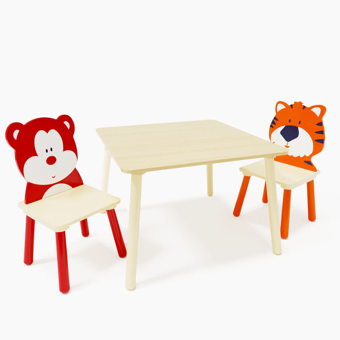 Table And 2 Chairs Set, Activity Play Table Set With Bear & Tiger Design - Natural