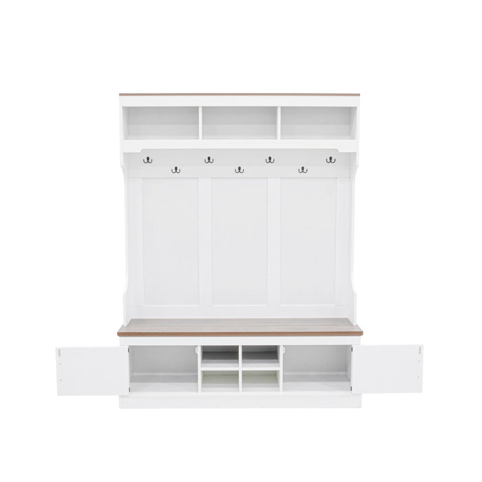 Hall Tree With Bench And Shoe Storage, 5 In 1 Entryway Organizer Cabinet With Coat Rack, 4 Shoe Cubbies & 7 Hooks - White