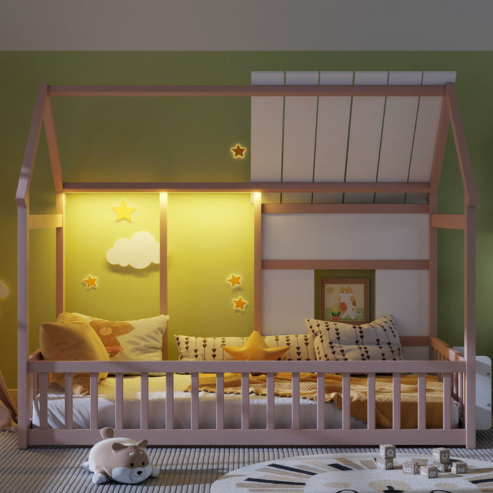 House Floor Bed With 7 Color LED Light, Built In Bookshelf