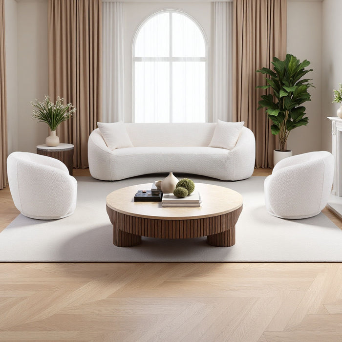 3 Piece Set Curved Sofa, Upholstered 3 Seater With Tight Curved Back For Living Room - White