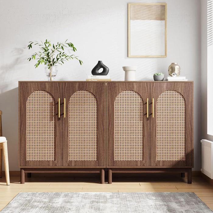 Sideboard Buffet Cabinet With Handwoven Rattan Doors (Set of 2) - Dark Brown