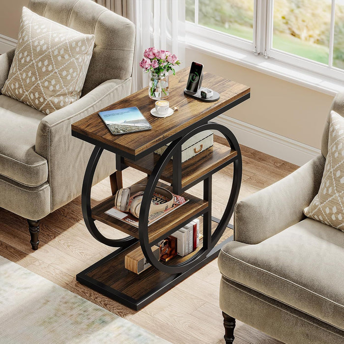 4 Tier Narrow End Table With Storage Shelves For Living Bedroom, Small Spaces - Rustic Brown