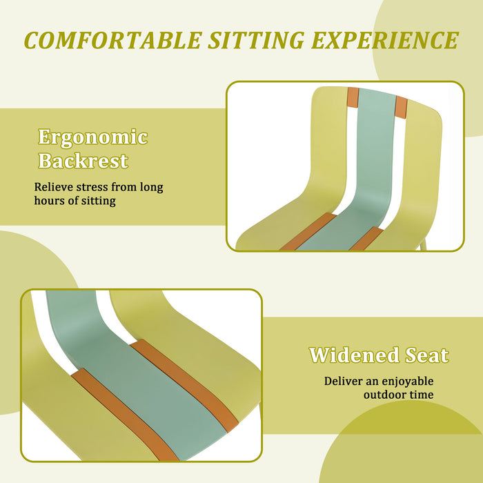 4 Piece Set Of Striped Color Blocking Single Chairs & Long Table - Grain Yellow / Haze Green / Tropical Orange / White