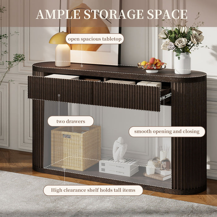 Oval Fluted Console Table With 2 Drawers And Bottom Shelf