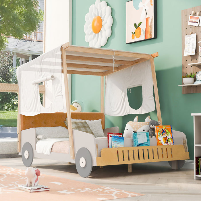 Twin Size Car Bed & Pillow, Ceiling Cloth And LED - Natural