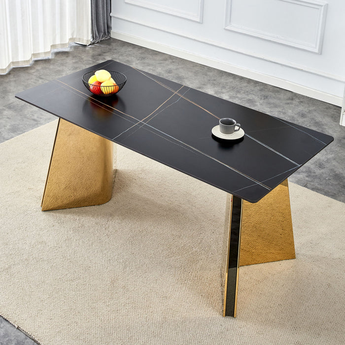 Patterned Slab Dining Table With Golden Stainless Steel Butterfly Legs - Black / Gold