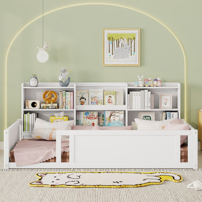 Platform Floor Bed With Guardrail Fence And Side Storage Shelves