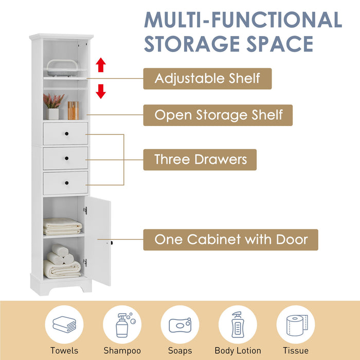 Tall Storage Cabinet With 3 Drawers And Adjustable Shelves For Bathroom