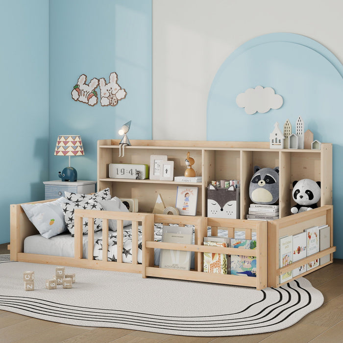 Platform Bed Frame With Guardrail, Storage Shelves & Bookshelf