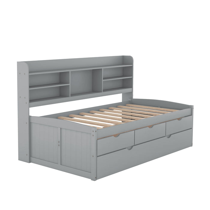 Captain Bed With Built In Bookshelves, 3 Storage Drawers, And Trundle