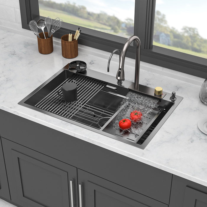 Waterfall Kitchen Sink With Pull Out Faucet & Cup Washer