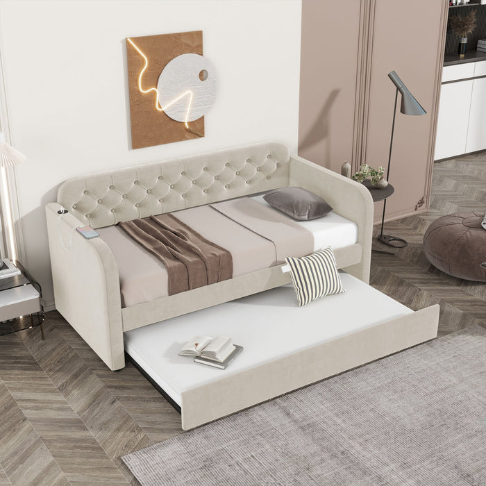 Upholstered Daybed With Trundle And USB Charging Design