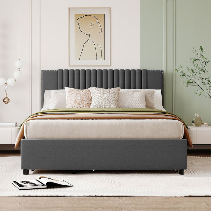 Upholstered Platform Bed With Drawers, Classic Headboard Design