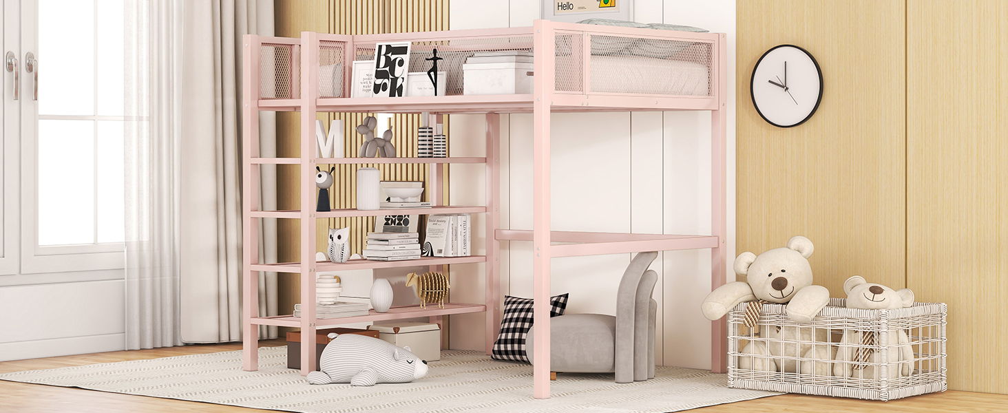 Loft Bed With 4 Tier Shelves And Storage