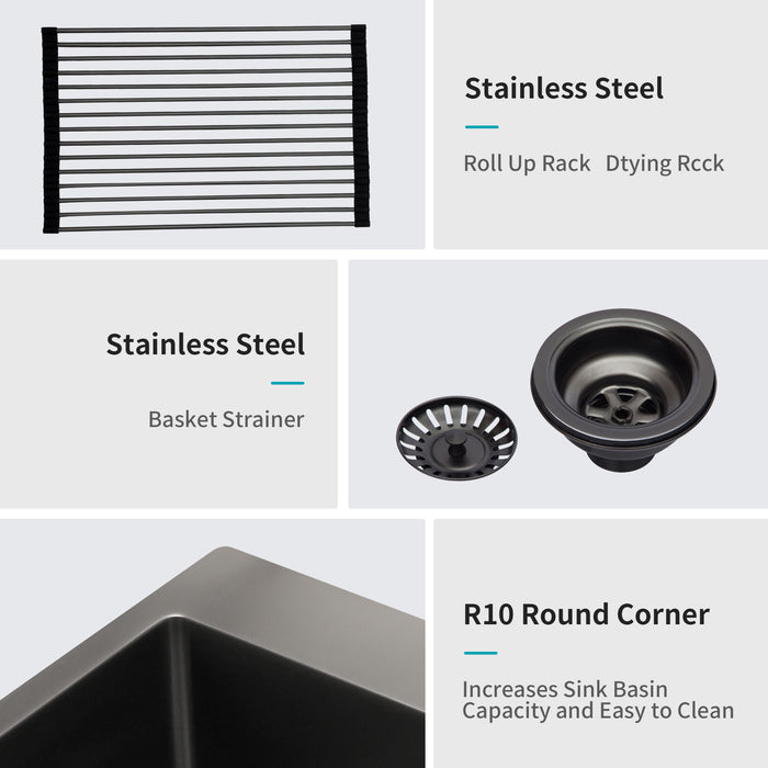 Topmount 16G Stainless Steel Kitchen Sink Deep Single Bowl - Gunmetal Black