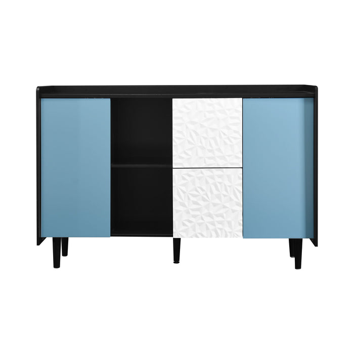Modern Sideboard Buffet Cabinet With Red Doors And Unique Panel Styling